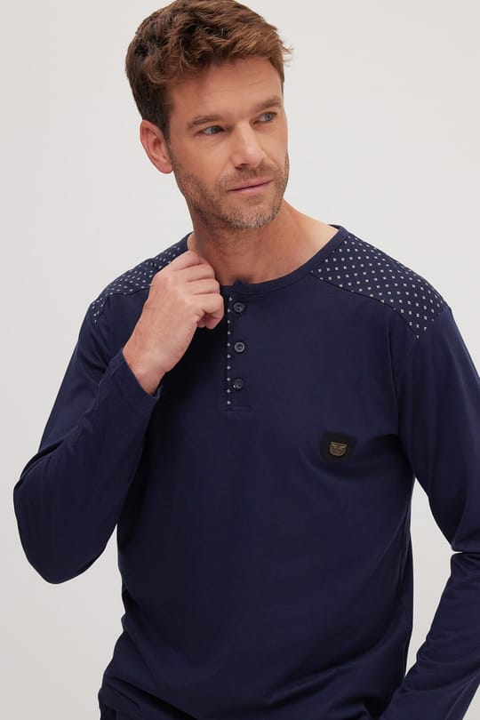 Erkek Standart Fit Normal Kesim %100 Pamuk Bisiklet Yaka Beli Lastikli Lacivert Pijama Takımı