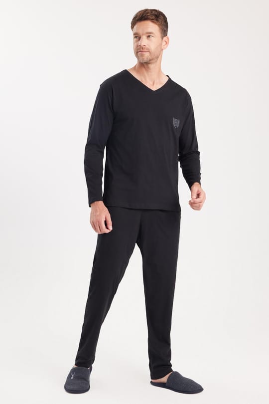 Erkek Standart Fit %100 Pamuk V Yaka Beli Lastikli Siyah Pijama Takımı