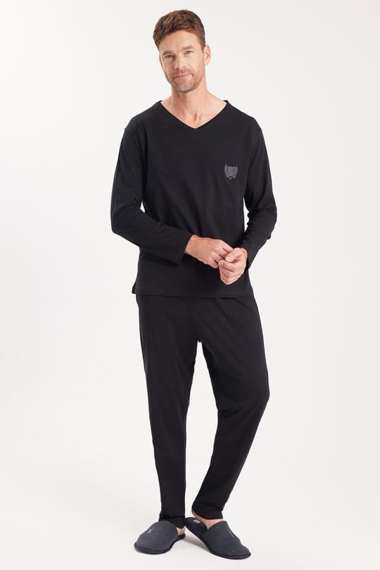 Erkek Standart Fit %100 Pamuk V Yaka Beli Lastikli Siyah Pijama Takımı