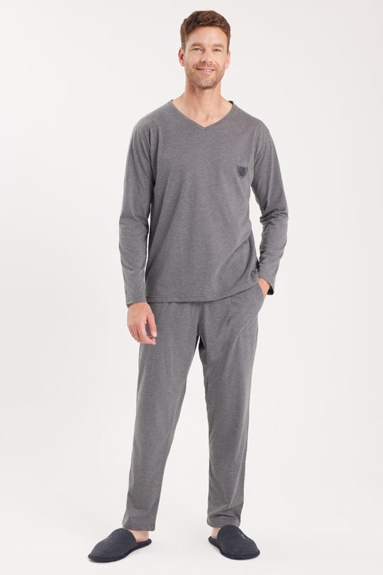 Erkek Standart Fit %100 Pamuk V Yaka Beli Lastikli Gri Pijama Takımı