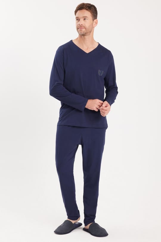 Erkek Standart Fit %100 Pamuk V Yaka Beli Lastikli Lacivert Pijama Takımı