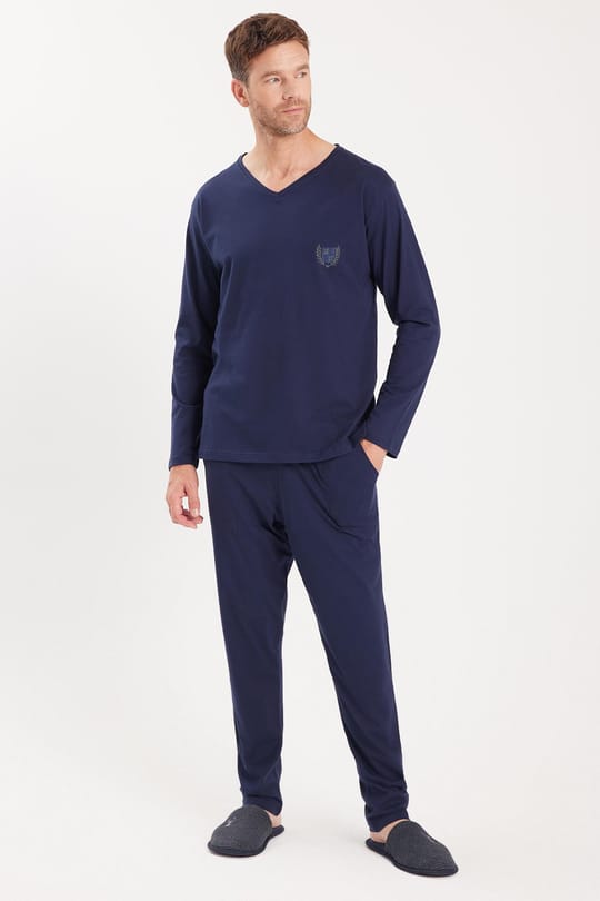 Erkek Standart Fit %100 Pamuk V Yaka Beli Lastikli Lacivert Pijama Takımı