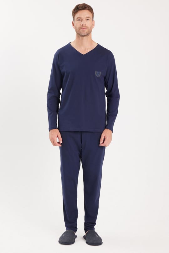 Erkek Standart Fit %100 Pamuk V Yaka Beli Lastikli Lacivert Pijama Takımı