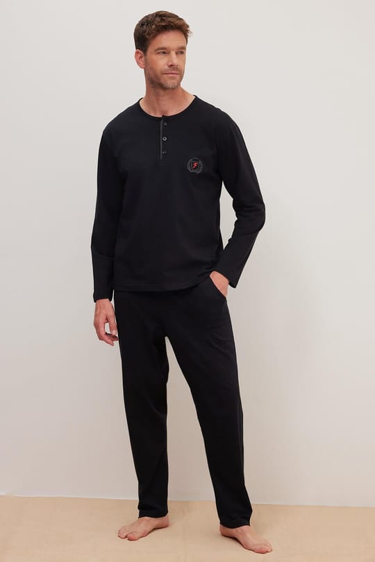 Erkek Standart Fit %100 Pamuk Bisiklet Yaka Beli Lastikli Siyah Pijama Takımı