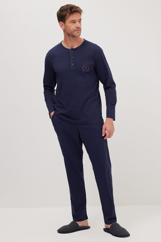 Erkek Standart Fit %100 Pamuk Bisiklet Yaka Beli Lastikli Lacivert Pijama Takımı