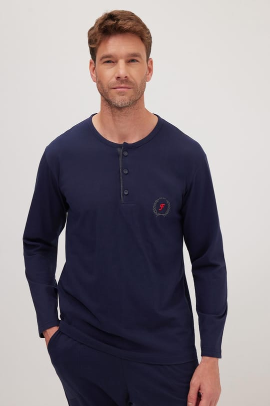 Erkek Standart Fit %100 Pamuk Bisiklet Yaka Beli Lastikli Lacivert Pijama Takımı