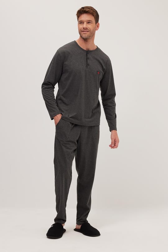 Erkek Standart Fit %100 Pamuk Bisiklet Yaka Beli Lastikli Antrasit Pijama Takımı