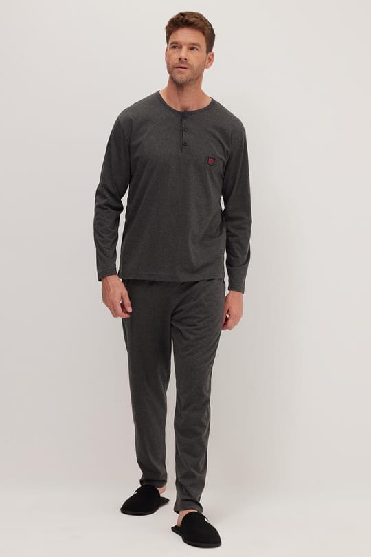 Erkek Standart Fit %100 Pamuk Bisiklet Yaka Beli Lastikli Antrasit Pijama Takımı