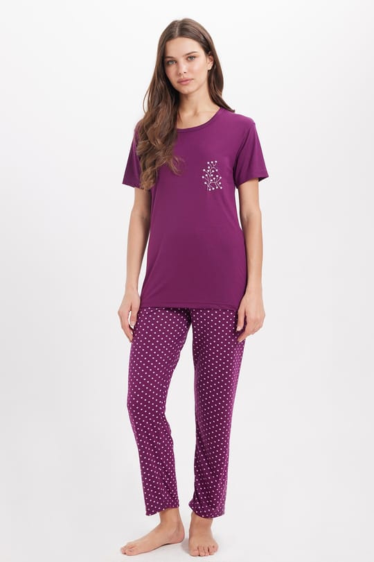 Kadın Standart Fit Normal Kesim Bisiklet Yaka Kısa Kollu Baskılı Mor Pijama Takımı
