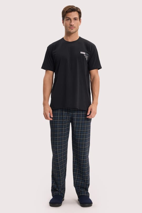 Erkek Standart Fit Normal Kesim Pamuklu Bisiklet Yaka Kısa Kollu Lastikli Siyah Pijama Takımı
