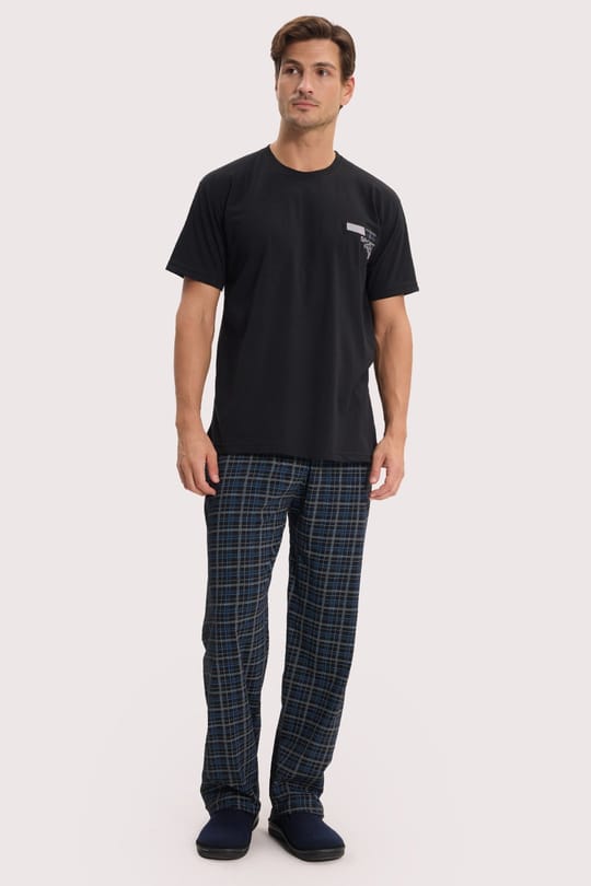 Erkek Standart Fit Normal Kesim Pamuklu Bisiklet Yaka Kısa Kollu Lastikli Siyah Pijama Takımı