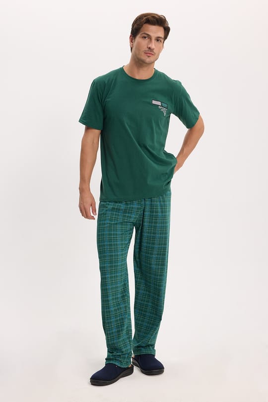 Erkek Standart Fit Normal Kesim Pamuklu Bisiklet Yaka Kısa Kollu Lastikli Yeşil Pijama Takımı