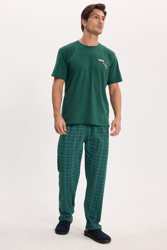 Erkek Standart Fit Normal Kesim Pamuklu Bisiklet Yaka Kısa Kollu Lastikli Yeşil Pijama Takımı