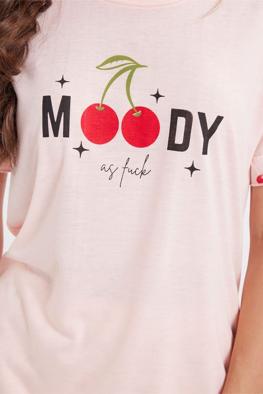 Kadın Regular Fit Klasik Kesim %100 Pamuk Fırfır Detaylı Kısa Kollu Baskılı Pembe Pijama Takımı
