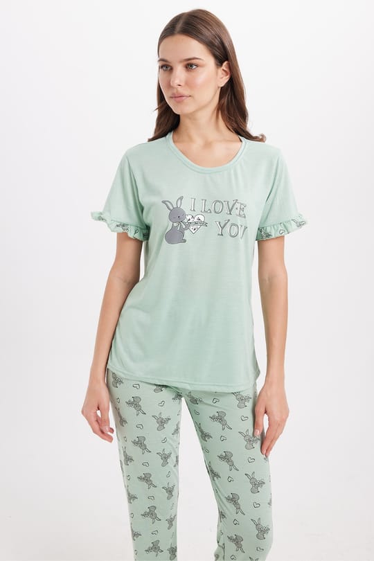 Kadın Regular Fit Klasik Kesim %100 Pamuk Fırfır Detaylı Kısa Kollu Baskılı Mint Pijama Takımı