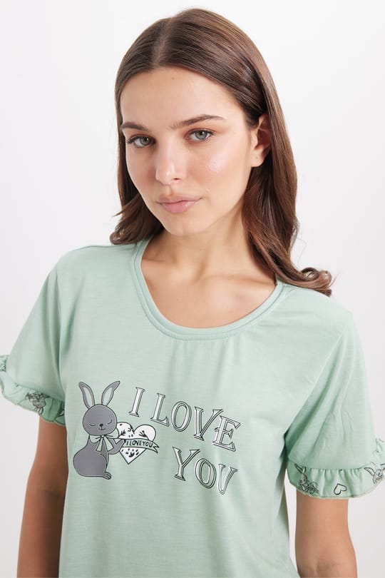 Kadın Regular Fit Klasik Kesim %100 Pamuk Fırfır Detaylı Kısa Kollu Baskılı Mint Pijama Takımı