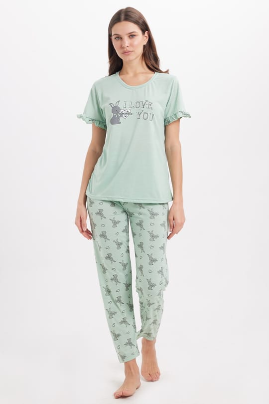 Kadın Regular Fit Klasik Kesim %100 Pamuk Fırfır Detaylı Kısa Kollu Baskılı Mint Pijama Takımı