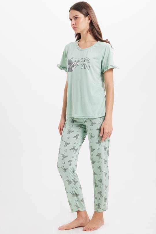 Kadın Regular Fit Klasik Kesim %100 Pamuk Fırfır Detaylı Kısa Kollu Baskılı Mint Pijama Takımı