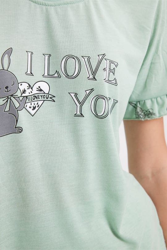 Kadın Regular Fit Klasik Kesim %100 Pamuk Fırfır Detaylı Kısa Kollu Baskılı Mint Pijama Takımı
