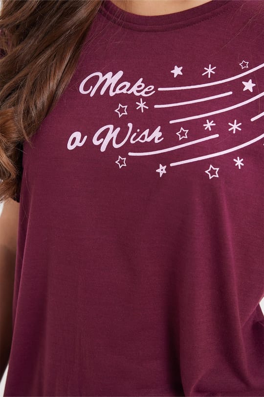 Kadın Regular Fit Klasik Kesim %100 Pamuk Fırfır Detaylı Kısa Kollu Baskılı Mürdüm Pijama Takımı