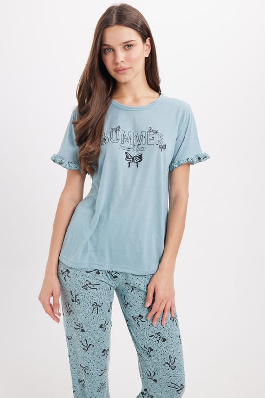 Kadın Regular Fit Klasik Kesim %100 Pamuk Fırfır Detaylı Kısa Kollu Baskılı Su Yeşili Pijama Takımı