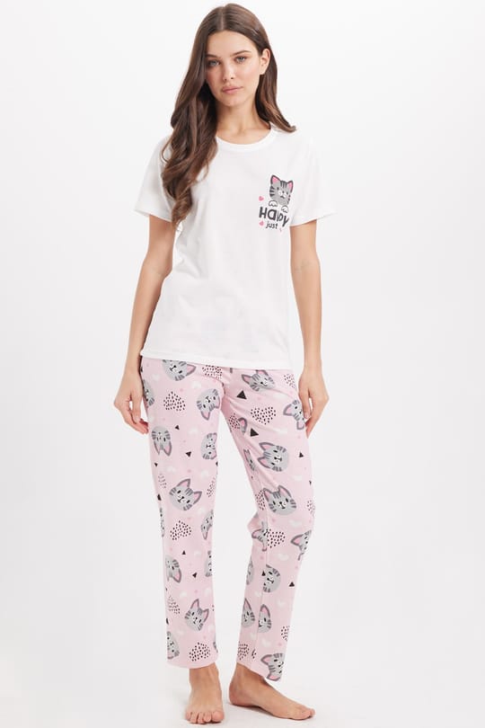 Kadın Regular Fit Klasik Kesim Pamuklu Bisiklet Yaka Kısa Kollu Baskılı Beyaz Pijama Takımı