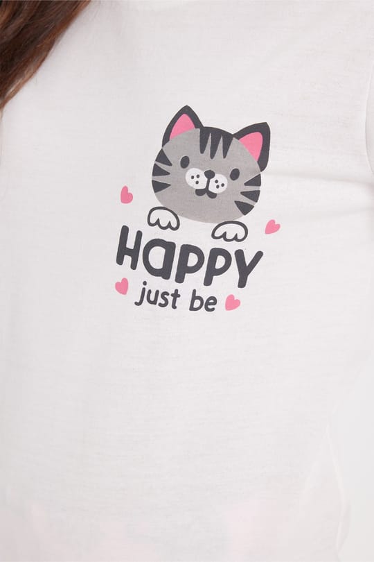 Kadın Regular Fit Klasik Kesim Pamuklu Bisiklet Yaka Kısa Kollu Baskılı Beyaz Pijama Takımı