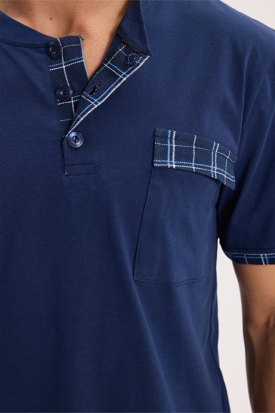 Erkek Standart Fit Normal Kesim Pamuklu Kısa Kollu Bisiklet Yaka Cepli Lacivert Pijama Takımı