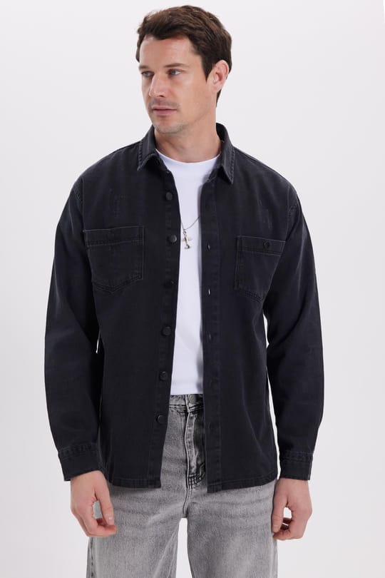 Relax Fit Çift Cep Eskitmeli Siyah Denim Kot Erkek Gömlek