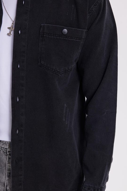 Relax Fit Çift Cep Eskitmeli Siyah Denim Kot Erkek Gömlek
