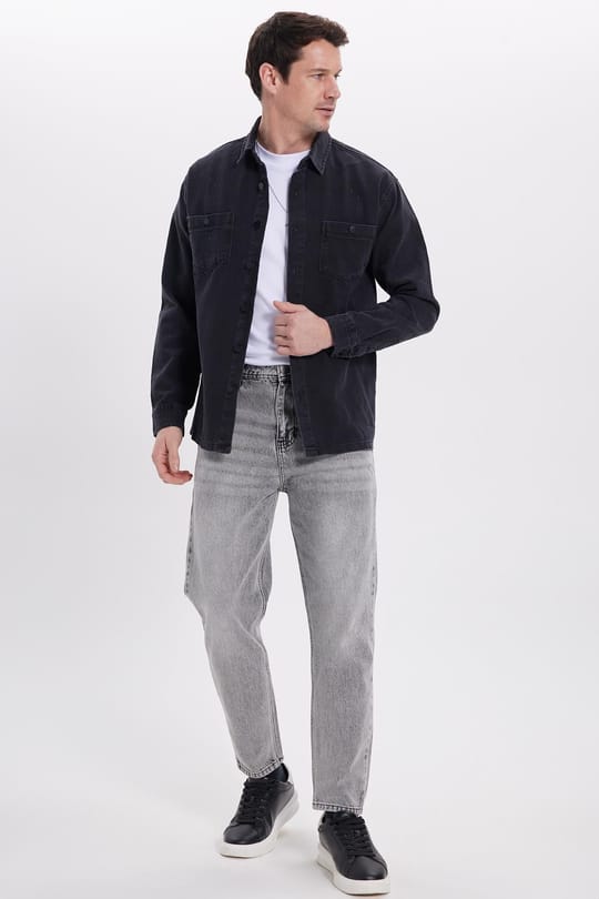 Relax Fit Çift Cep Eskitmeli Siyah Denim Kot Erkek Gömlek
