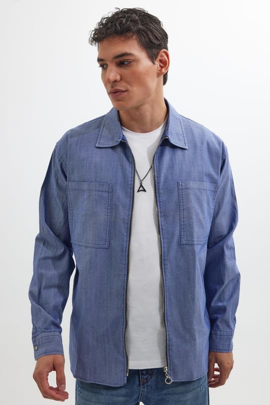 Relax Fit Uzun Kollu Denim Kot Parça Boyalı Çift Cep Fermuarlı Mavi Gömlek