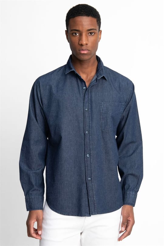 Relax Fıt Uzun Kollu Rahat Kalıp Denim Kot Tek Cep Erkek Lacivert Gömlek