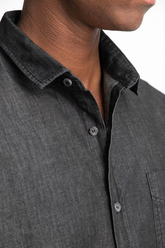 Relax Fıt Uzun Kollu Rahat Kalıp Denim Kot Tek Cep Erkek Siyah Gömlek
