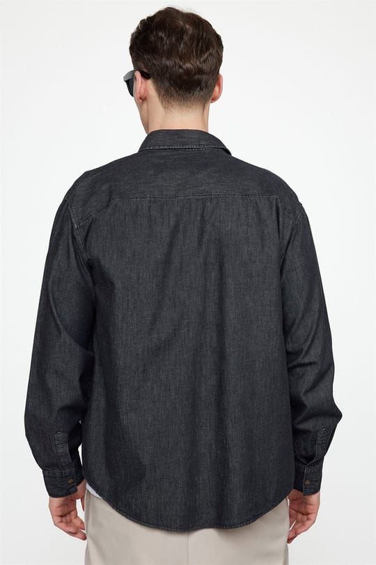 Unisex Relax Fit Rahat Kesim Denim Kot Çıtçıtlı Çift Cepli Siyah Overshirt Ceket Tarzı Gömlek