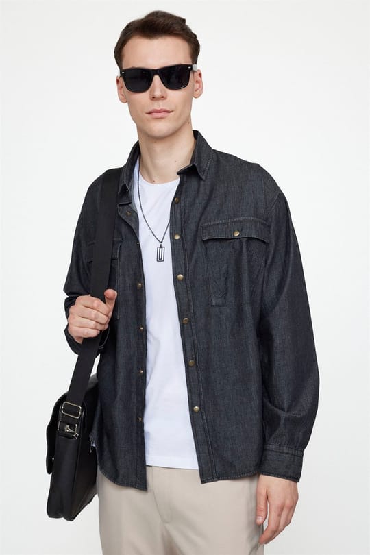 Unisex Relax Fit Rahat Kesim Denim Kot Çıtçıtlı Çift Cepli Siyah Overshirt Ceket Tarzı Gömlek