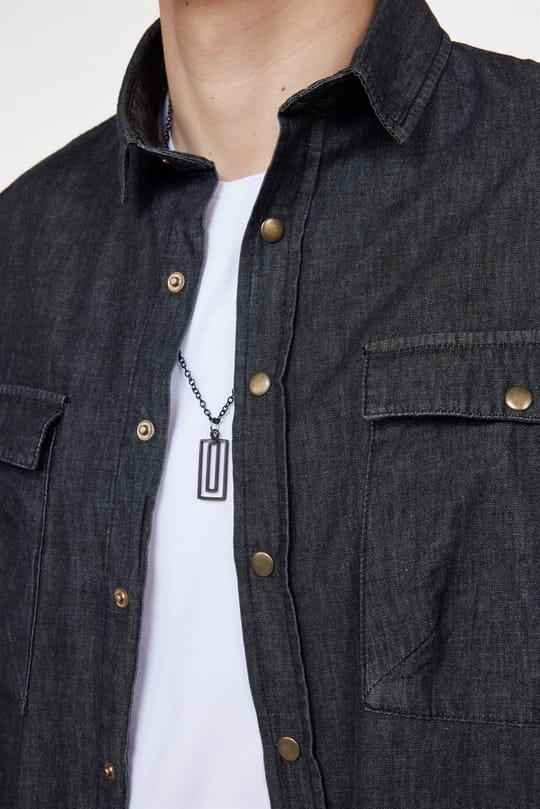 Unisex Relax Fit Rahat Kesim Denim Kot Çıtçıtlı Çift Cepli Siyah Overshirt Ceket Tarzı Gömlek