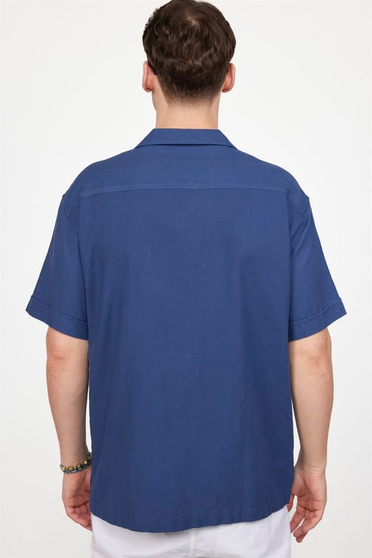 Erkek Relax Fit Rahat Kesim Oversize Kısa Kollu %100 Pamuk Keten Doku Apaş Yaka Lacivert Gömlek
