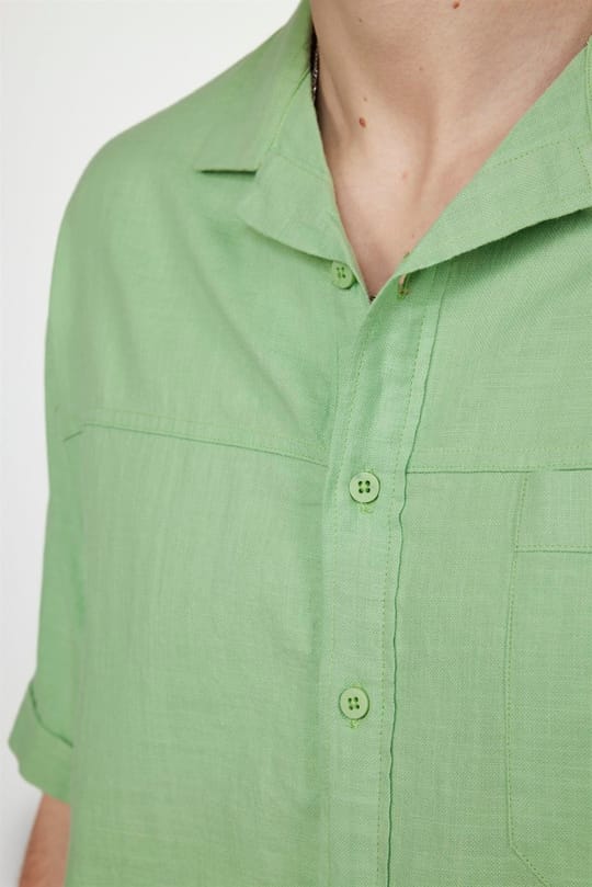 Erkek Relax Fit Rahat Kesim Oversize Kısa Kollu %100 Pamuk Keten Doku Apaş Yaka Yeşil Gömlek
