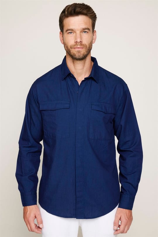 Relax Fit Uzun Kollu Rahat Kesim Çift Cep Denim Kot Lacivert Gömlek