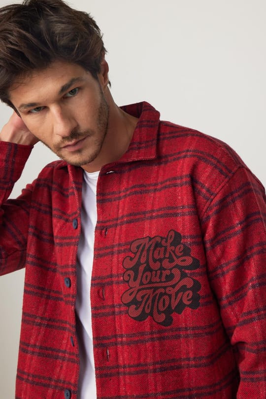 Relax Fit Kışlık Kareli Baskılı Fleto Cep Salaş Oduncu Kırmızı-Siyah Erkek Gömlek