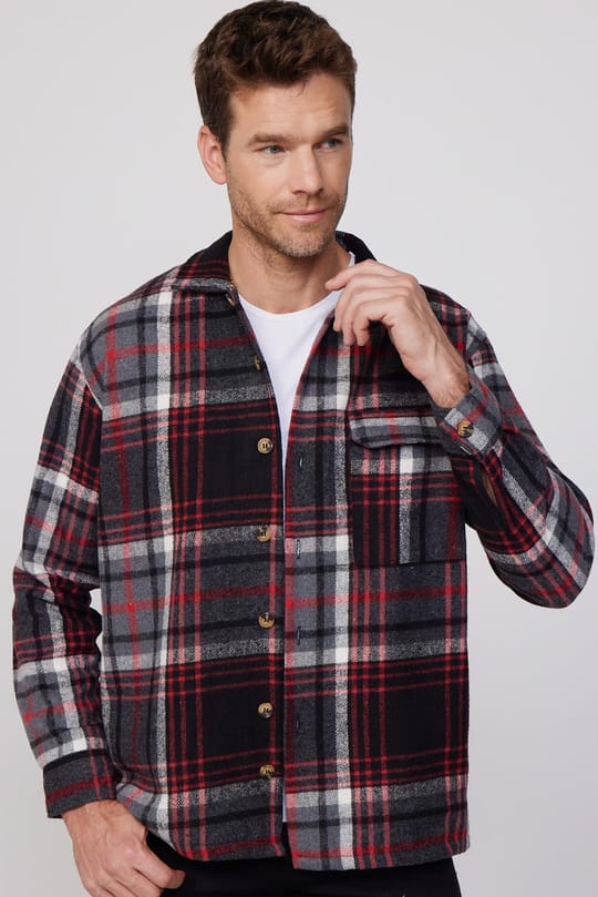 Relax Fit Kışlık Tek Cep Kapaklı Kareli Rahat Kesim Oduncu Erkek Gömlek