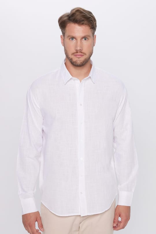 Erkek Relax Fit Rahat Kesim Oversize %100 Pamuk Keten Doku Beyaz Gömlek