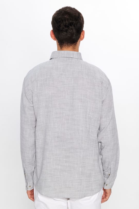 Erkek Relax Fit Rahat Kesim Oversize Uzun Kollu %100 Pamuk Keten Doku Gri Gömlek