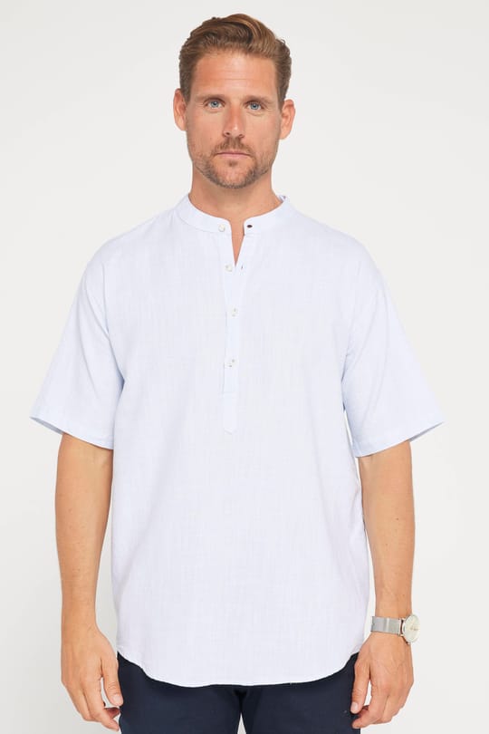 Erkek Relax Fit Rahat Kesim Oversize Kısa Kollu %100 Pamuk Keten Doku Armürlü Mavi Hakim Yaka Gömlek