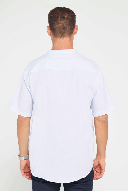 Erkek Relax Fit Rahat Kesim Oversize Kısa Kollu %100 Pamuk Keten Doku Armürlü Mavi Hakim Yaka Gömlek