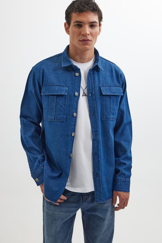 Unisex Relax Fit Rahat Kesim Denim Kot Çift Cepli İndigo Overshirt Ceket Tarzı Gömlek
