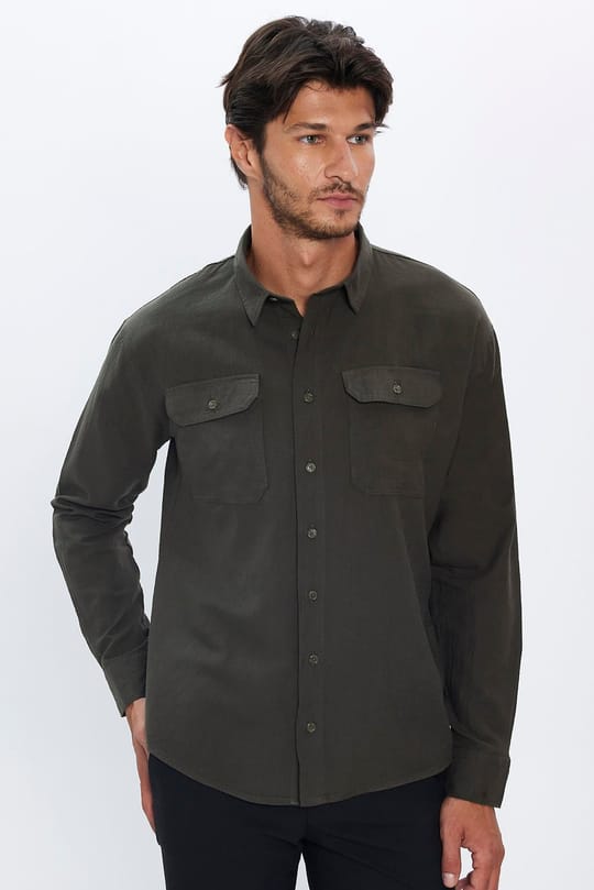 Erkek Relax Fit Rahat Kesim Oversize %100 Pamuk Keten Doku Cift Cepli Haki Gömlek 