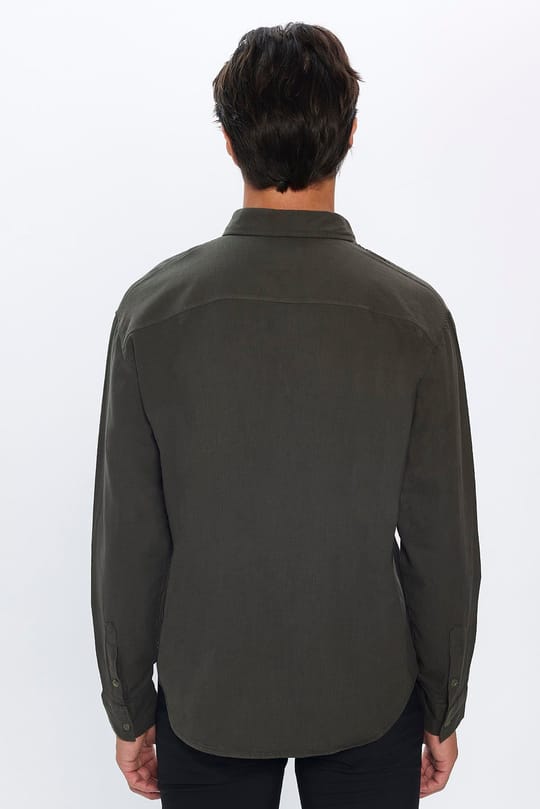 Erkek Relax Fit Rahat Kesim Oversize %100 Pamuk Keten Doku Cift Cepli Haki Gömlek 