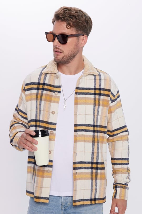 Erkek Relax Fit Rahat Kesim Ceket Tarzı Oduncu Peluş Yaka Kareli Kışlık Gömlek